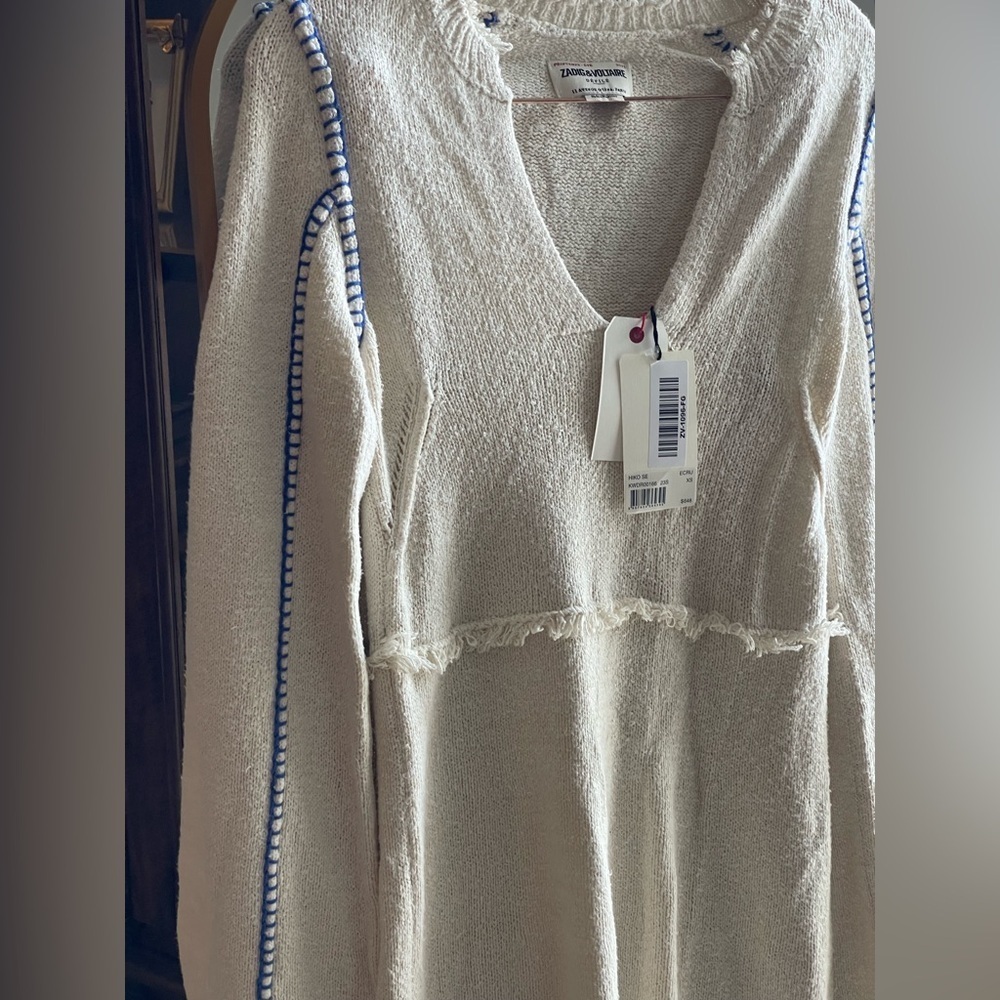 ZADIG & VOLTAIRE NWT Hiko Frayed Trim Silk Blend Ecru And Blue Minidress - Picture 7 of 15